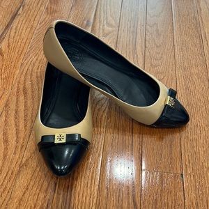 Tory Burch Hugo Cap Toe Almond Black Ballerina Flat